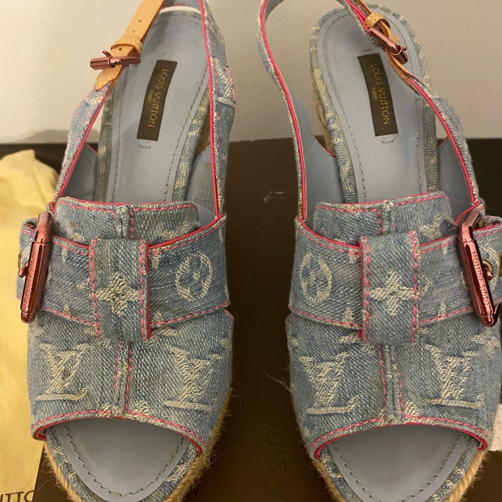 Louis Vuitton Denim Monogram Espadrille Sandals with Pink Trim and Tan Buckle